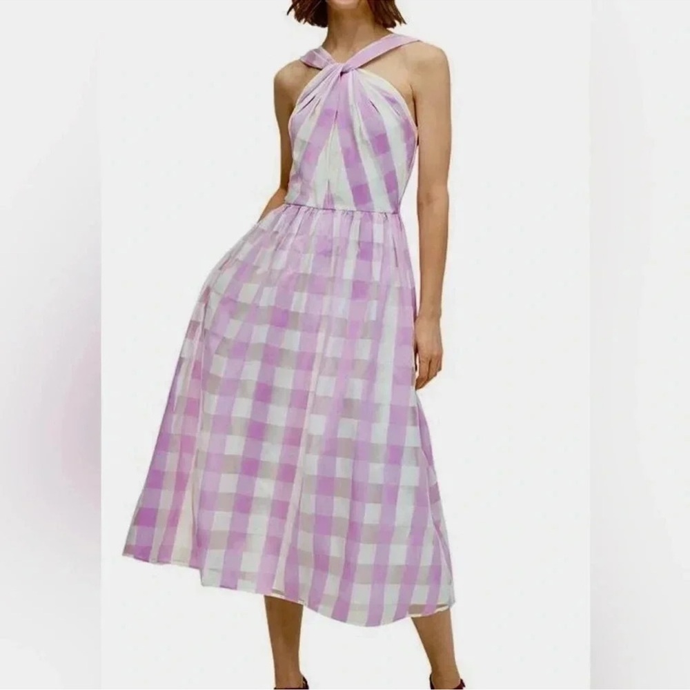 Kate Spade White & Lilac Twist Front Gingham Organza Midi Dress. NWOT